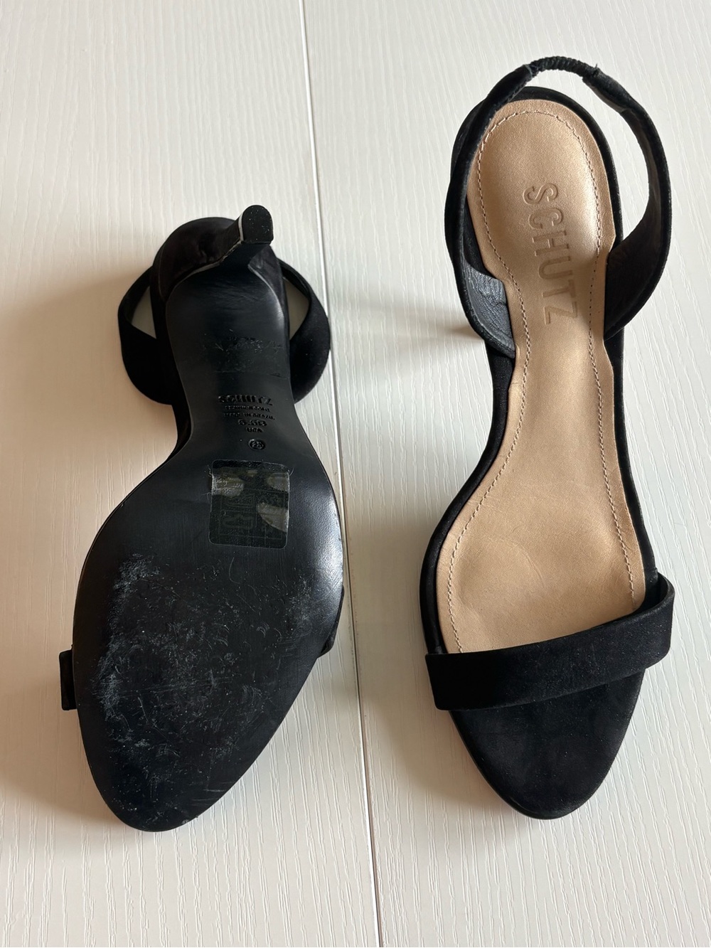 SCHUTZ Black Suede Open-Toe Slingback Heels